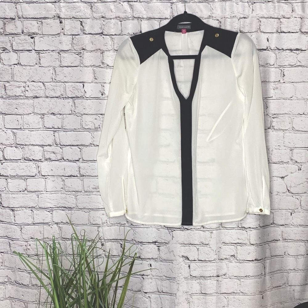 Vince Camuto Dressy Split Neck Gold Button‎ Epaulette Blouse Cream/Black XS